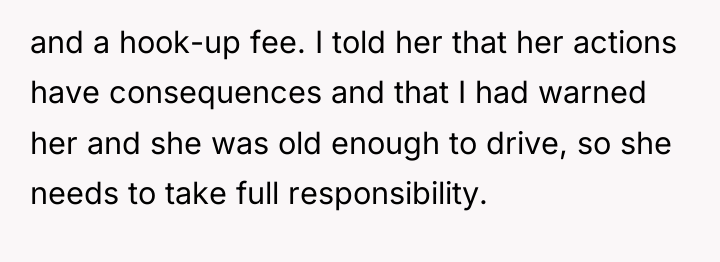 and a hook-up fee. I told her that her actions...