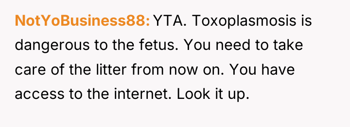 NotYoBusiness88 YTA. Toxoplasmosis is dangerous to the fetus. You need...