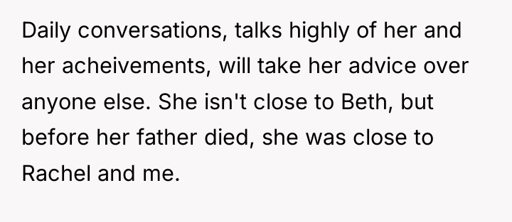 Daily conversations, talks highly of her and her acheivements, will...