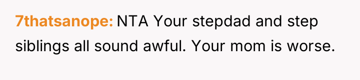 7thatsanope NTA Your stepdad and step siblings all sound awful....