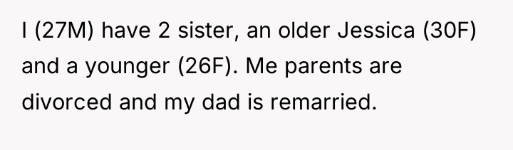 I (27M) have 2 sister, an older Jessica (30F) and...