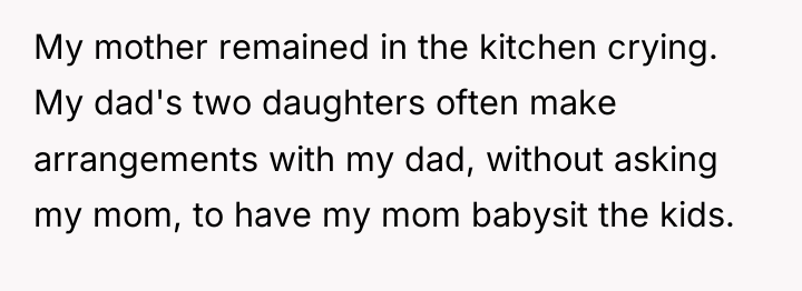 My mother remained in the kitchen crying. My dad's two...