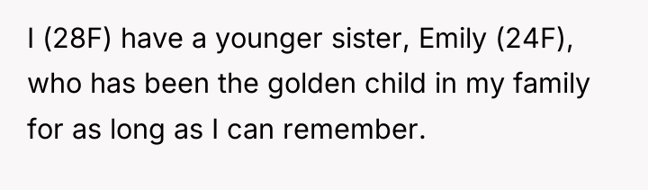 I (28F) have a younger sister, Emily (24F), who has...