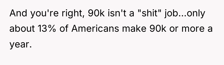 And you're right, 90k isn't a "shit" job...only about 13%...