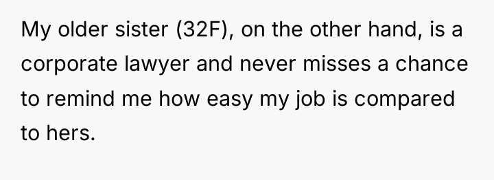 My older sister (32F), on the other hand, is a...