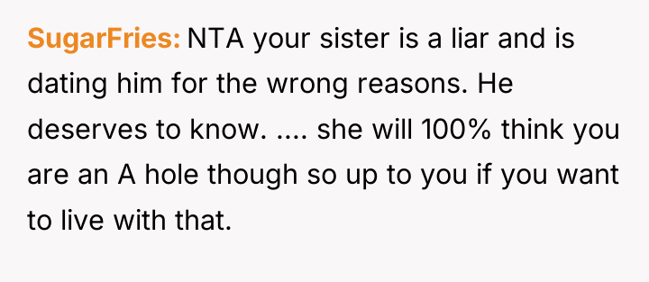 SugarFries NTA your sister is a liar and is dating...