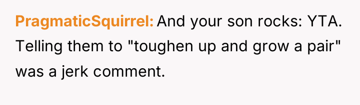 PragmaticSquirrel And your son rocks: YTA. Telling them to "toughen...