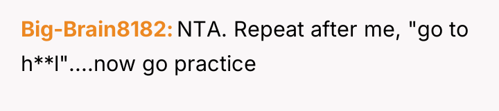 Big-Brain8182 NTA. Repeat after me, "go to h**l"....now go practice