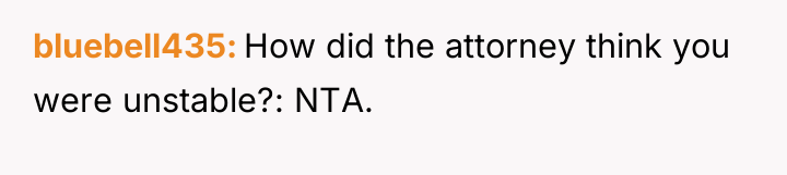 bluebell435 How did the attorney think you were unstable?: NTA.