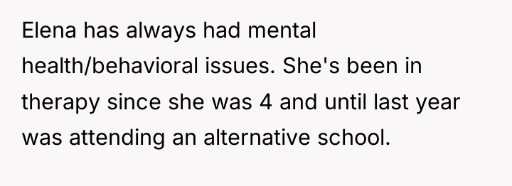 Elena has always had mental health/behavioral issues. She's been in...