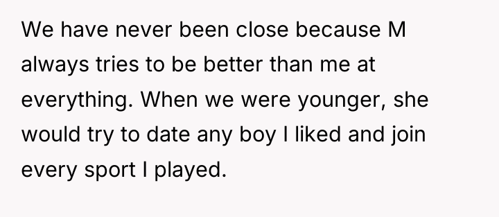We have never been close because M always tries to...