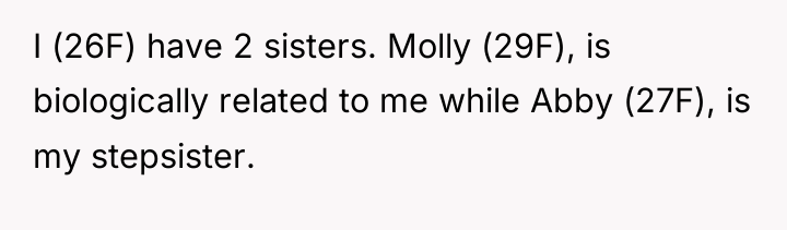 I (26F) have 2 sisters. Molly (29F), is biologically related...