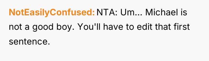 NotEasilyConfused NTA: Um... Michael is not a good boy. You'll...