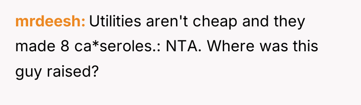 mrdeesh Utilities aren't cheap and they made 8 ca*seroles.: NTA....