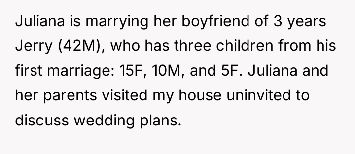 Juliana is marrying her boyfriend of 3 years Jerry (42M),...