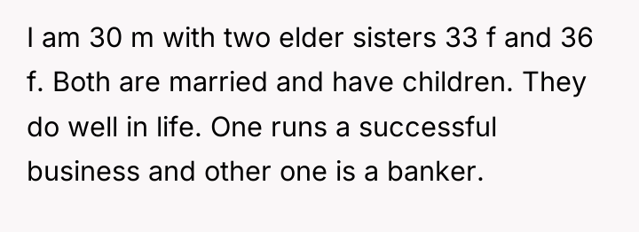 I am 30 m with two elder sisters 33 f...