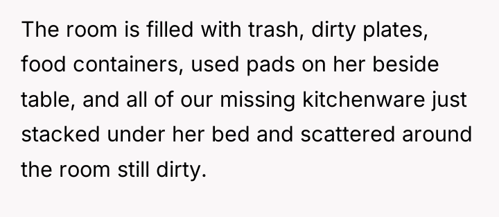 The room is filled with trash, dirty plates, food containers,...