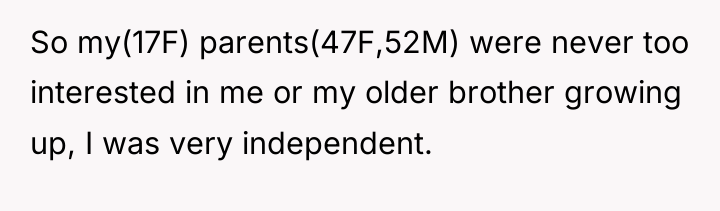 So my(17F) parents(47F,52M) were never too interested in me or...
