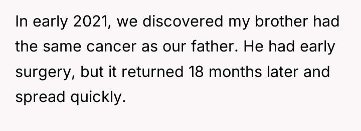In early 2021, we discovered my brother had the same...