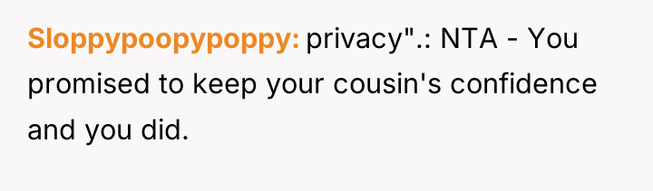 Sloppypoopypoppy privacy".: NTA - You promised to keep your cousin's...