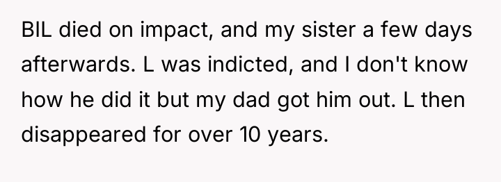 BIL died on impact, and my sister a few days...
