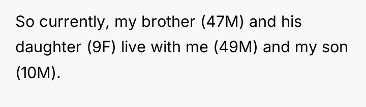 So currently, my brother (47M) and his daughter (9F) live...
