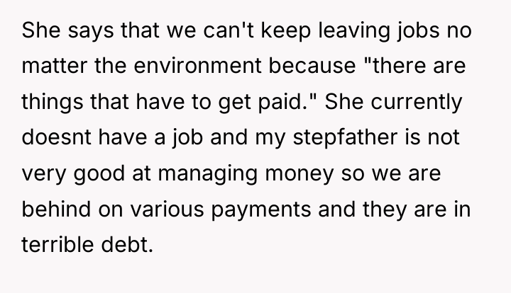 She says that we can't keep leaving jobs no matter...