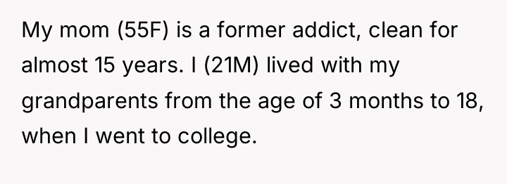 My mom (55F) is a former addict, clean for almost...