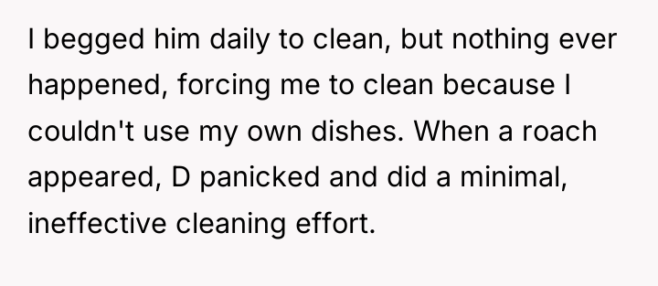 I begged him daily to clean, but nothing ever happened,...