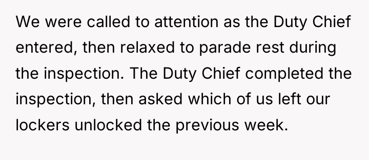 We were called to attention as the Duty Chief entered,...