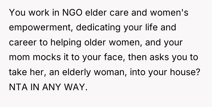 You work in NGO elder care and women's empowerment, dedicating...