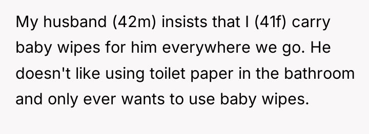 My husband (42m) insists that I (41f) carry baby wipes...