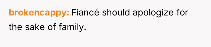 brokencappy Fiancé should apologize for the sake of family.