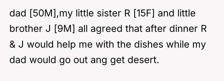 dad [50M],my little sister R [15F] and little brother J...