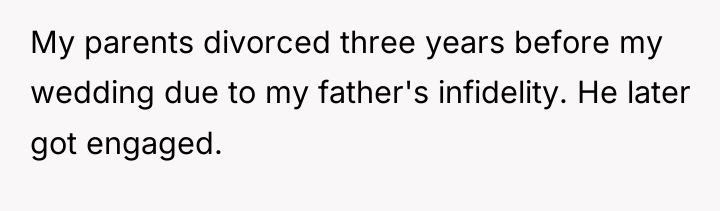 My parents divorced three years before my wedding due to...