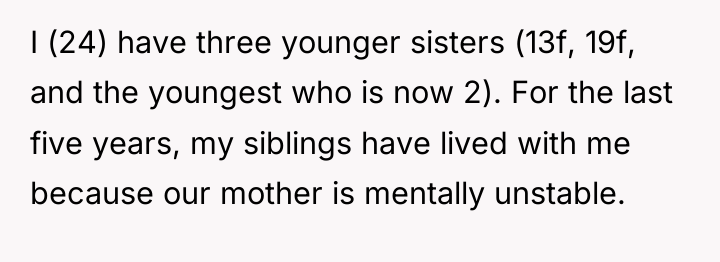 I (24) have three younger sisters (13f, 19f, and the...
