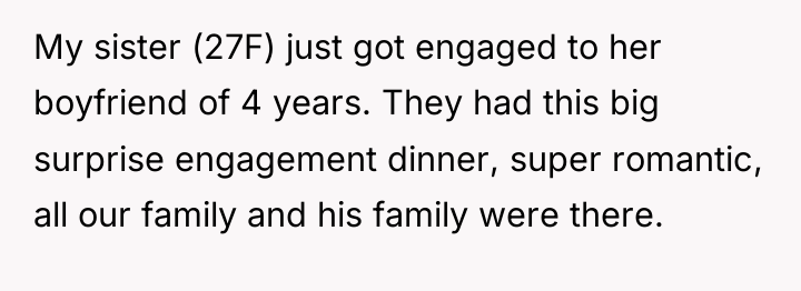 My sister (27F) just got engaged to her boyfriend of...