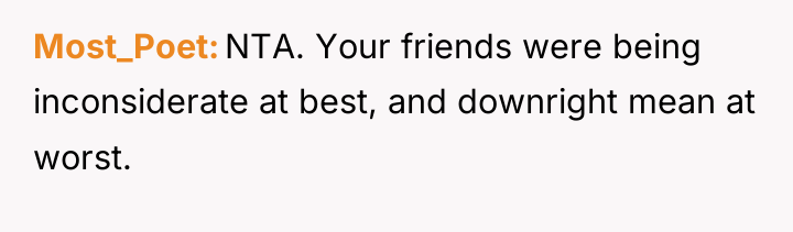 Most_Poet NTA. Your friends were being inconsiderate at best, and...