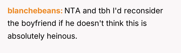 blanchebeans NTA and tbh I'd reconsider the boyfriend if he...