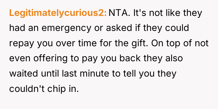 Legitimatelycurious2 NTA. It's not like they had an emergency or...