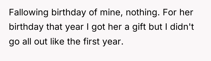 Fallowing birthday of mine, nothing. For her birthday that year...
