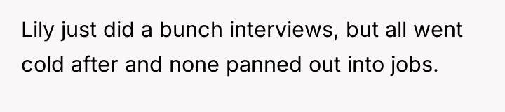 Lily just did a bunch interviews, but all went cold...