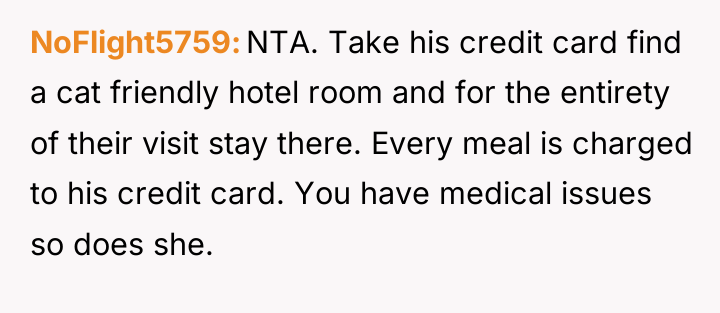 NoFlight5759 NTA. Take his credit card find a cat friendly...