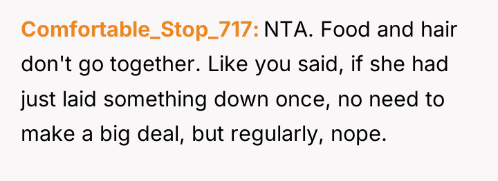 Comfortable_Stop_717 NTA. Food and hair don't go together. Like you...