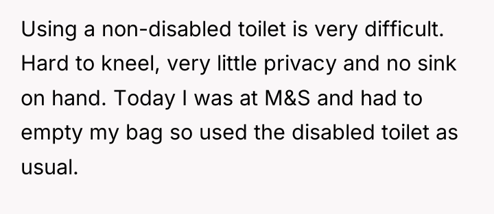 Using a non-disabled toilet is very difficult. Hard to kneel,...