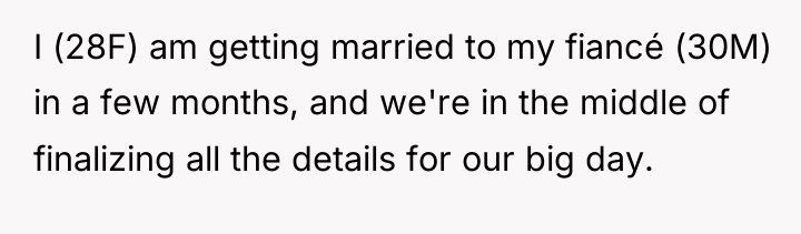 I (28F) am getting married to my fiancé (30M) in...