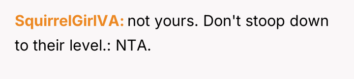 SquirrelGirlVA not yours. Don't stoop down to their level.: NTA.