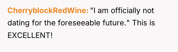 CherryblockRedWine "I am officially not dating for the foreseeable future."...