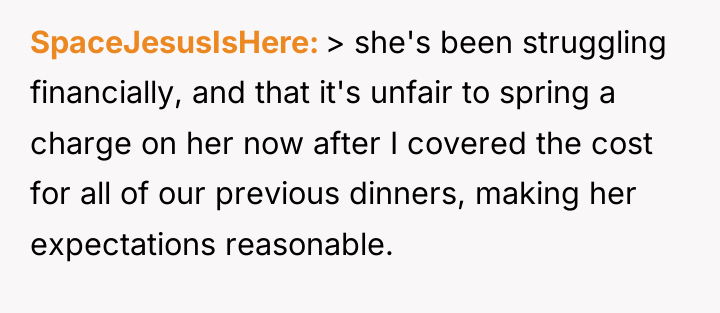 SpaceJesusIsHere > she's been struggling financially, and that it's unfair...