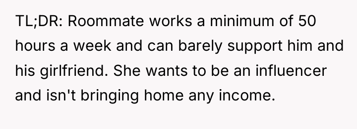 TL;DR: Roommate works a minimum of 50 hours a week...